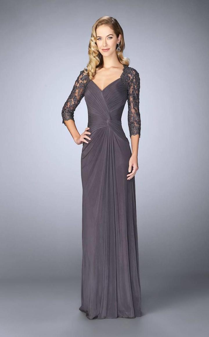 La Femme - 23244 Ruched V-neck Column Dress