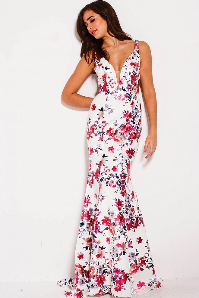 Jovani - 60571 Deep V-neck Floral Print Mermaid Gown
