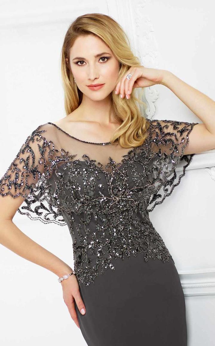 Montage By Mon Cheri - 217947 Sheer Embellished Capelet Bateau Gown