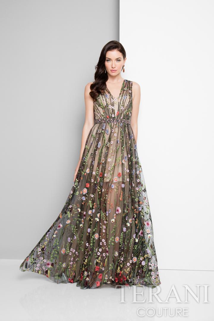 Terani Evening - Shirred Patterned Illusion Gown 1712e3645