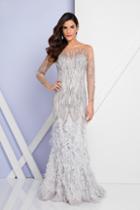 Terani Couture - 1721gl4449 Beaded Long Sleeves Feather Fringed Gown