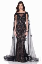 Terani Evening - Beaded Floral Laced Bateau Neck Fit And Flare Gown With Sheer Cape 1623e1670