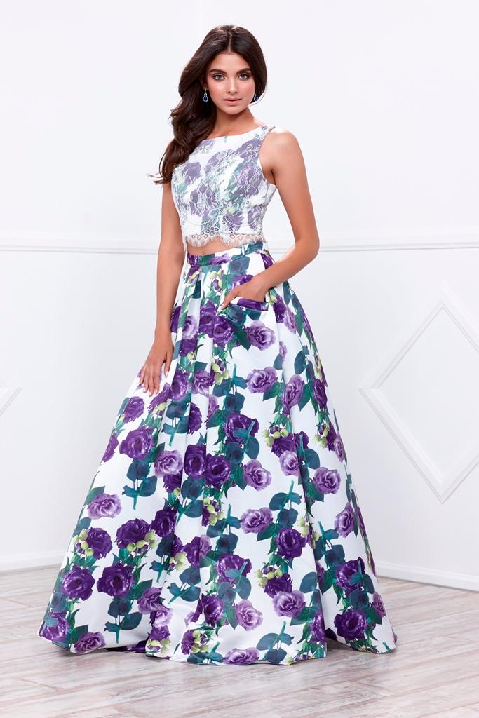 Two-piece Crop Top Purple Floral Print Long Gown