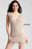 Jovani - 53095 Beaded Plunging Fringe Cocktail Dress