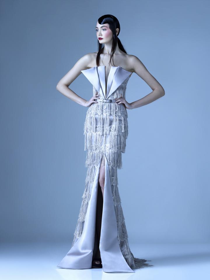 Mnm Couture - G0971 Fringe Fan Bustline Trumpet Dress