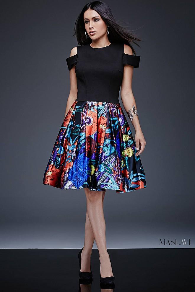Jovani - Black Top With Print Satin Fit And Flare Dress M504