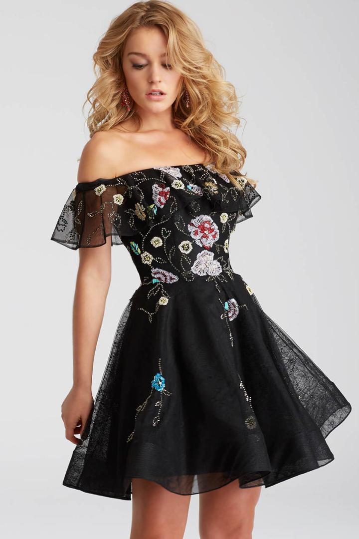 Jovani - 54430 Off The Shoulder Floral Beaded Short Dress