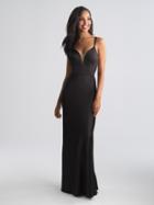 Madison James - 18-723 Deep V-neck Stretch Satin Sheath Dress