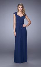 La Femme - 21685 Ruched V Neck Cap Sleeves Sheath Long Gown