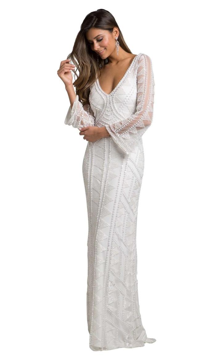 Lara Dresses - 51001 Pearl Beaded V-neck Fitted Dress