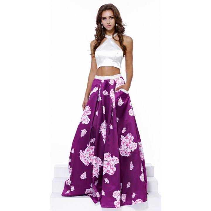 Nox Anabel - Two-piece Floral Halter Neck Long A-line Dress 8245