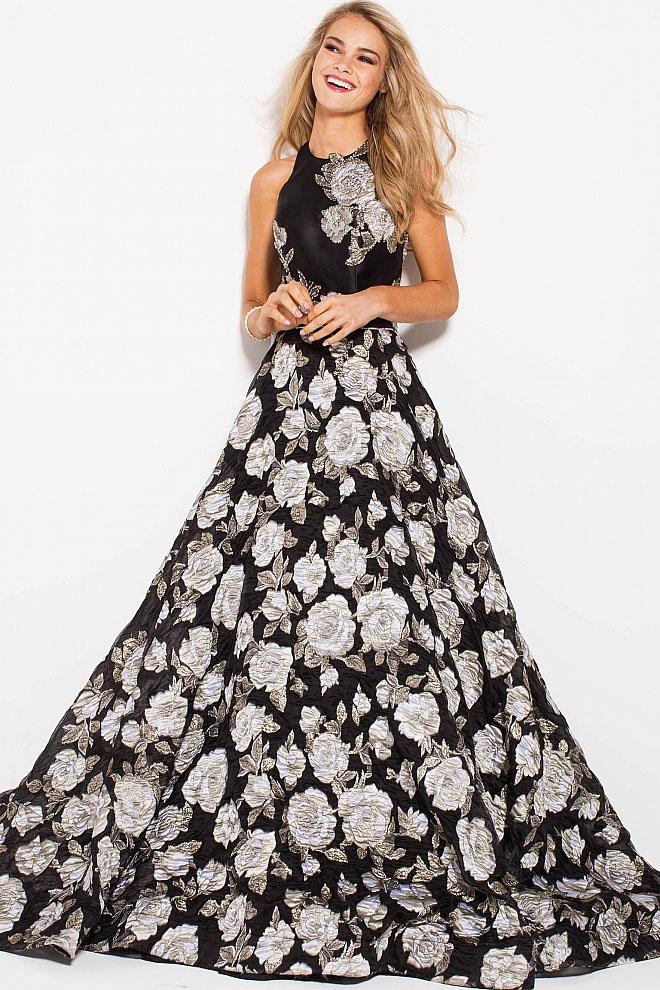 Jovani - 55705 Sleeveless Floral Print Jacquard A-line Gown