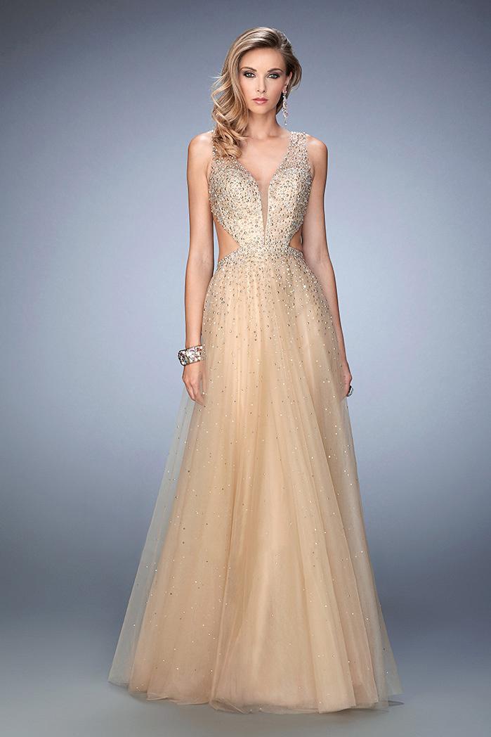 La Femme - 22613 Bedazzled V-neck A-line Dress