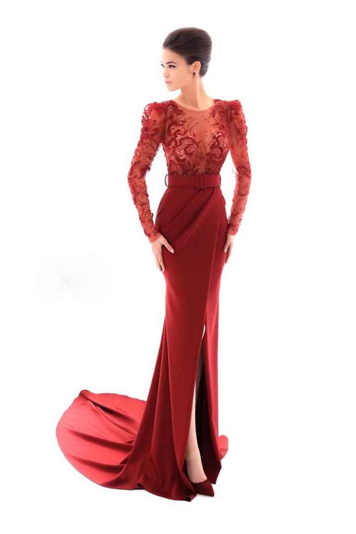 Tarik Ediz - 93412 Embroidered Illusion Jewel Sheath Dress