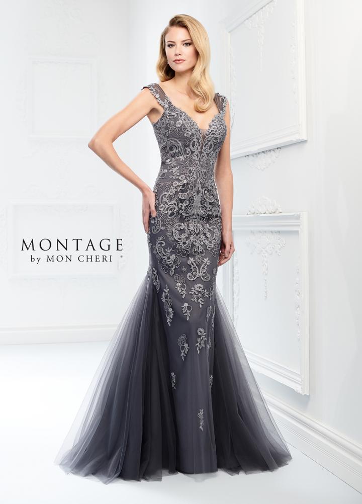 Montage By Mon Cheri - 218918 Lace Deep V-neck Trumpet Gown With Train