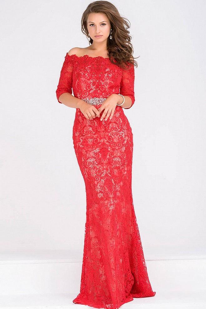 Jovani - Jvn47896 Quarter Sleeve Scalloped Off Shoulder Lace Gown