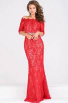 Jovani - Jvn47896 Quarter Sleeve Scalloped Off Shoulder Lace Gown