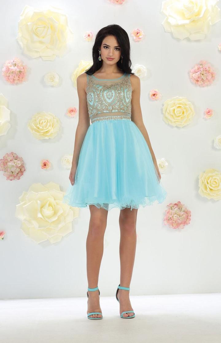 May Queen - Mq-1462 Rhinestone Embellished Metallic Dress