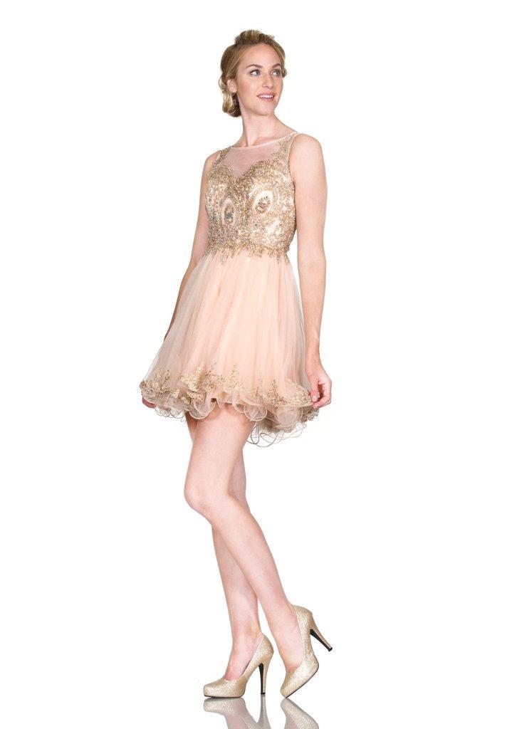 Cinderella Divine - Ruffled Illusion Gilt Applique A-line Dress