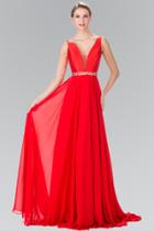 Elizabeth K - V-neck With Embellished Waist Chiffon Gown Gl2293