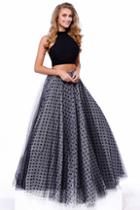 Nox Anabel - Black Halter Cropped Top Long Dress With Polka Dot Printed Skirt And Rhinestone Embellishments 8204