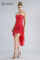 Janique - Strapless Straight Neck Lace-embellished Short Dress B2267