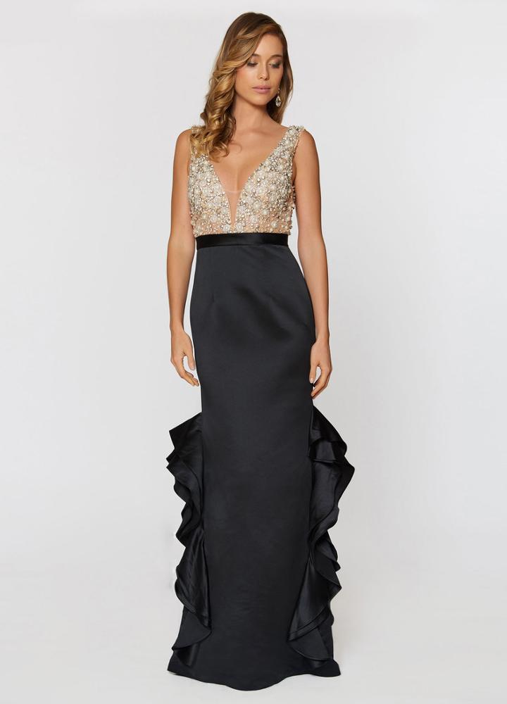 Ashley Lauren - 1160 Beaded V-neck Ruffled Column Dress