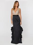 Ashley Lauren - 1160 Beaded V-neck Ruffled Column Dress