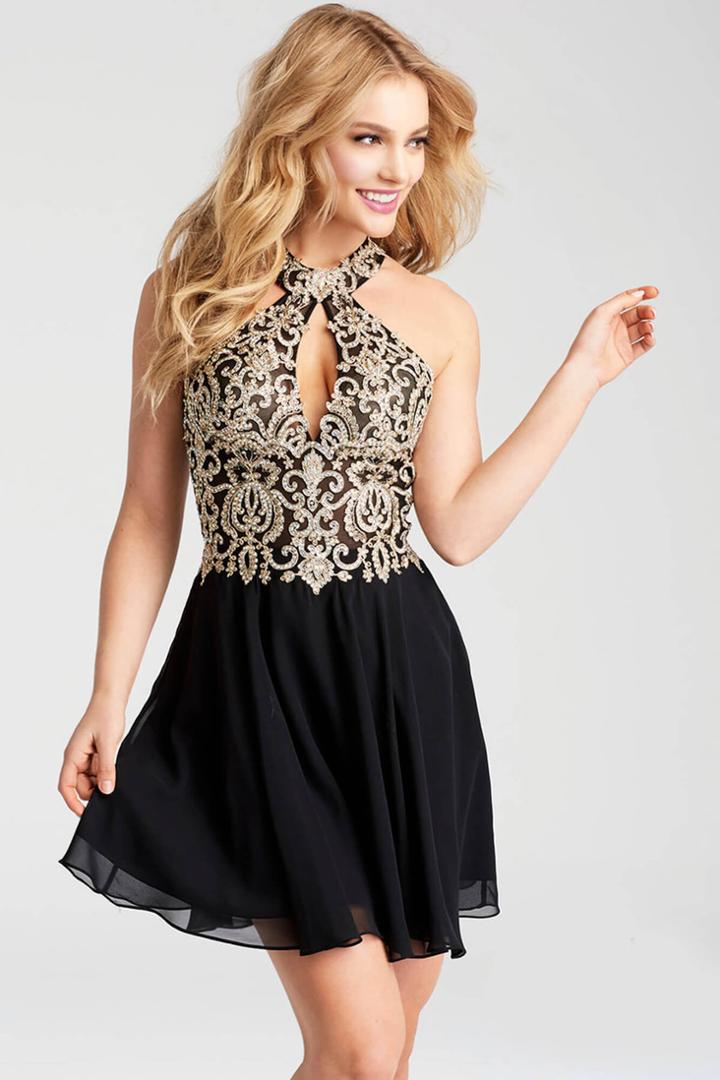 Jovani - Jvn53177 Embroidered Halter Neck A-line Dress