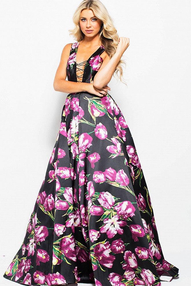 Jovani - Jvn58389 Lace Up Plunging Neck Floral Print Ballgown