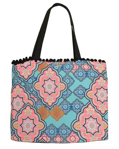 Nicolita Swimwear - Cabana Tote Bikini Bag With Pom Pom In Teal Moroccan