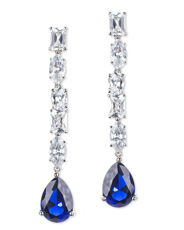 Cz By Kenneth Jay Lane - Sapphire Linear Drop Pear Pierced Earring