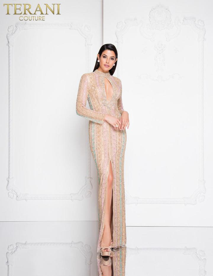 Terani Couture - 1812gl6495x Long Sleeves High Neck Gown With Slit