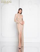 Terani Couture - 1812gl6495x Long Sleeves High Neck Gown With Slit