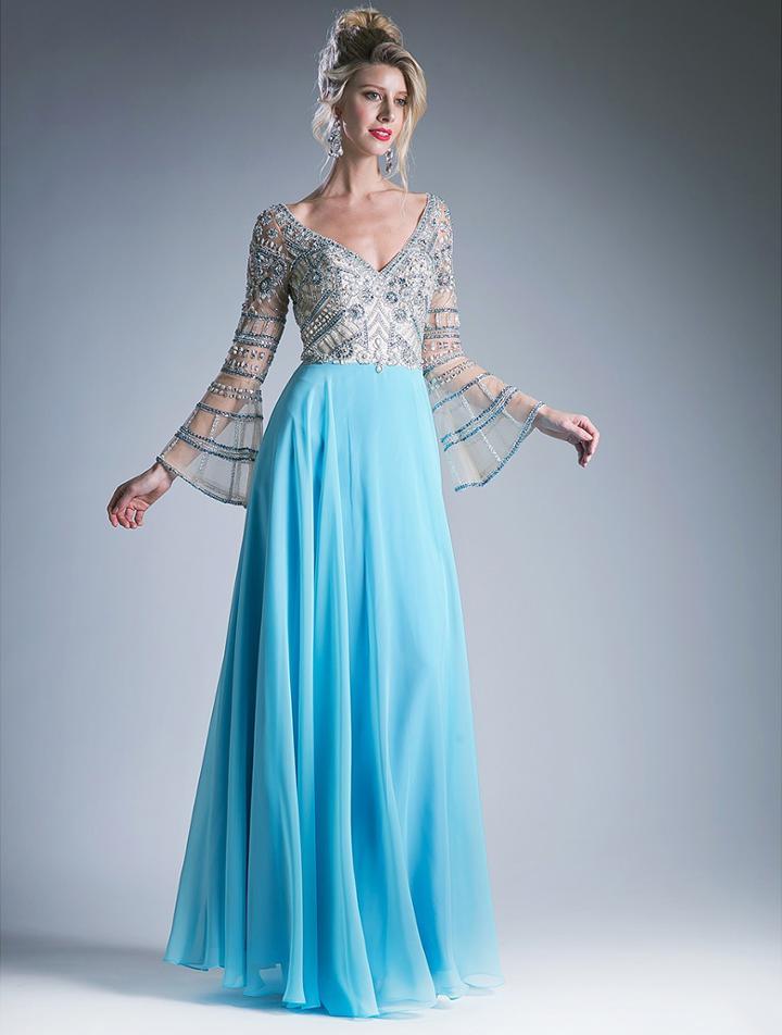 Cinderella Divine - Sheer Long Bell Sleeves Beaded Chiffon Gown