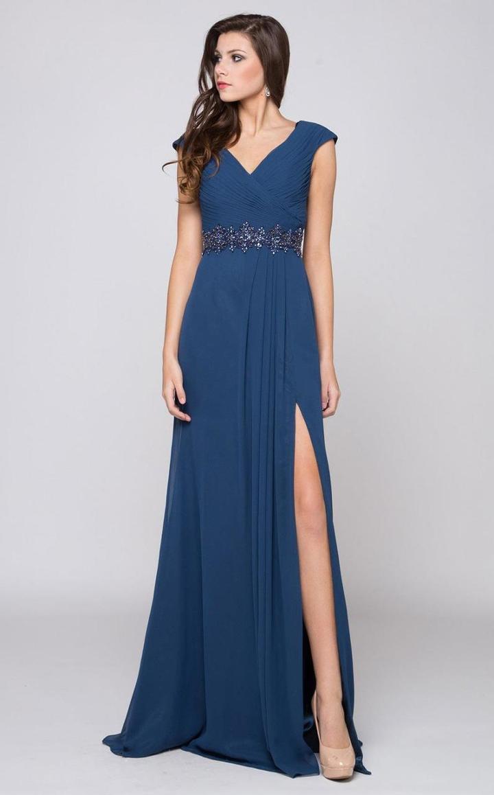Marsoni By Colors - M169 Ruched Wrap Cap Sleeve Gown