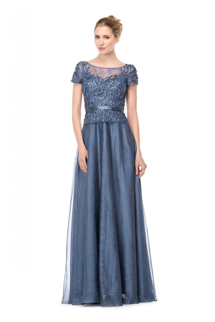 Marsoni By Colors - M167 Brilliant Short Sleeve Illusion Evening Gown