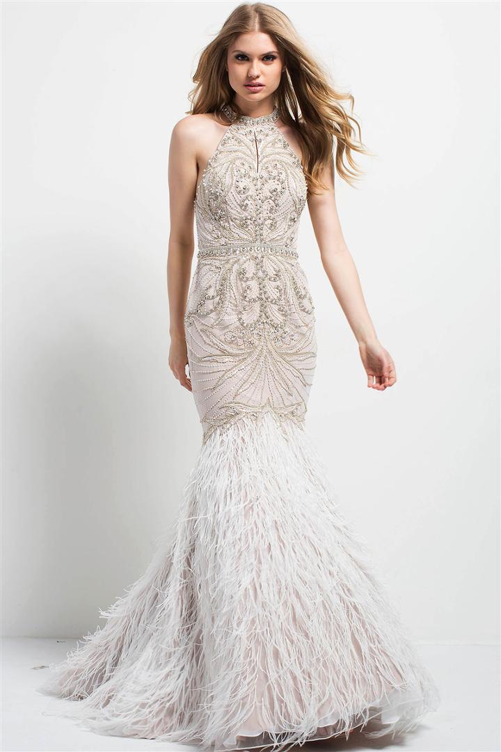 Jovani - 49416 Crystal Beaded Feathered Dress