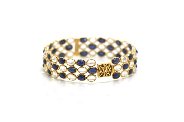 Tresor Collection - Blue Sapphire And Rainbow Moonstone Triple Row Bangle Bracelet Set In 18k Yellow Gold