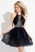 Rachel Allan Short - 4433 Beaded Halter Lace Short Dress
