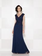 Cameron Blake - 114666 V Neck Long Dress With Slit - 1 Pc Navy In Size 8 Available