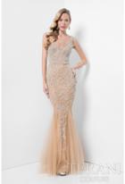 Terani Evening - Embellished V-neck Crystal Nude Slim Gown 1711gl3556