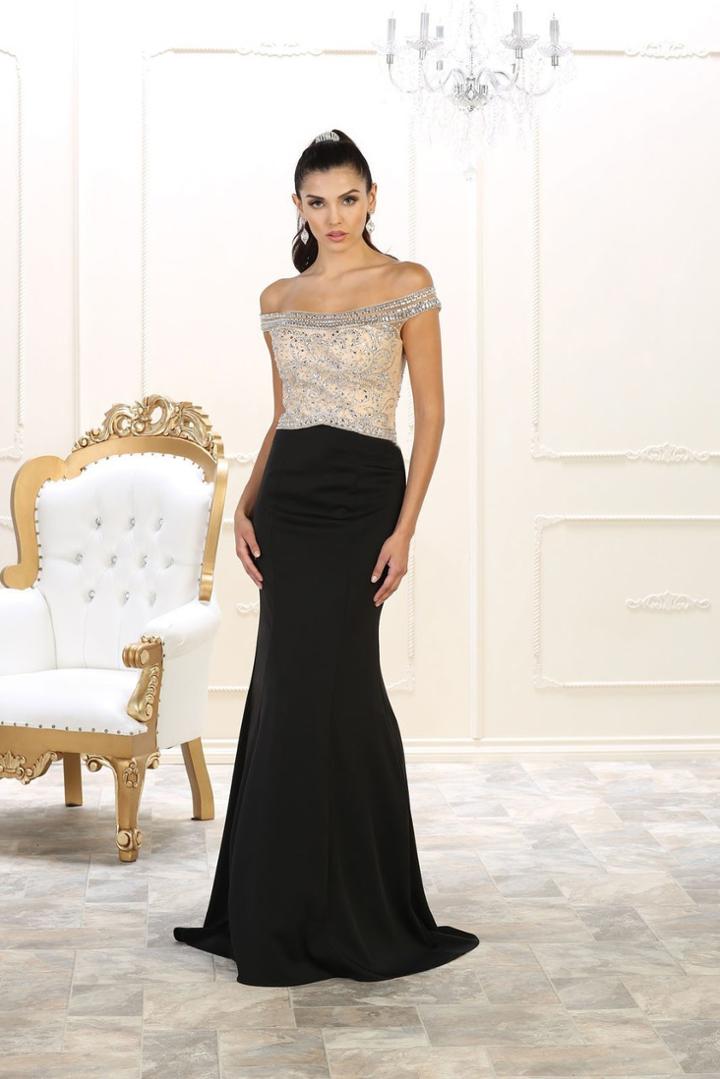 May Queen - Rq7495 Embellished Off Shoulder Sheath Dress