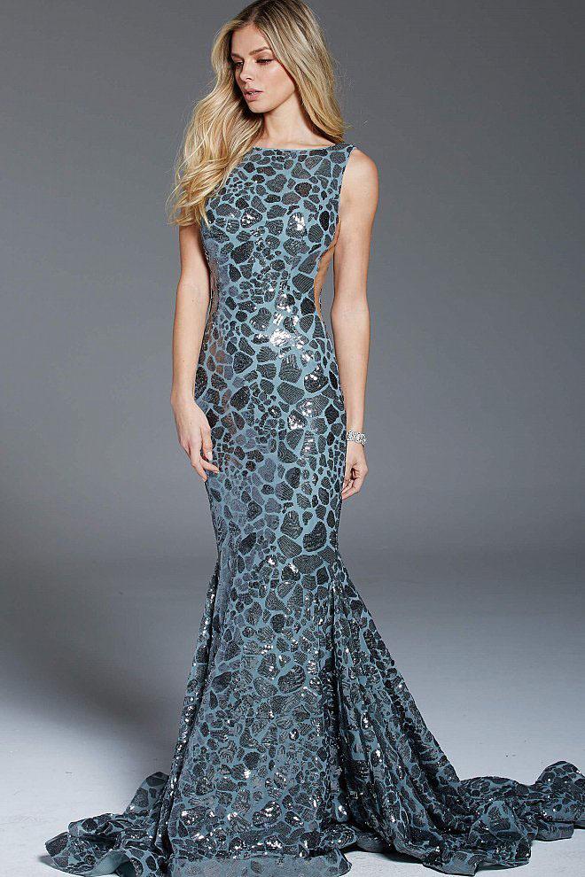 Jovani - 61229 Sequined Bateau Trumpet Gown
