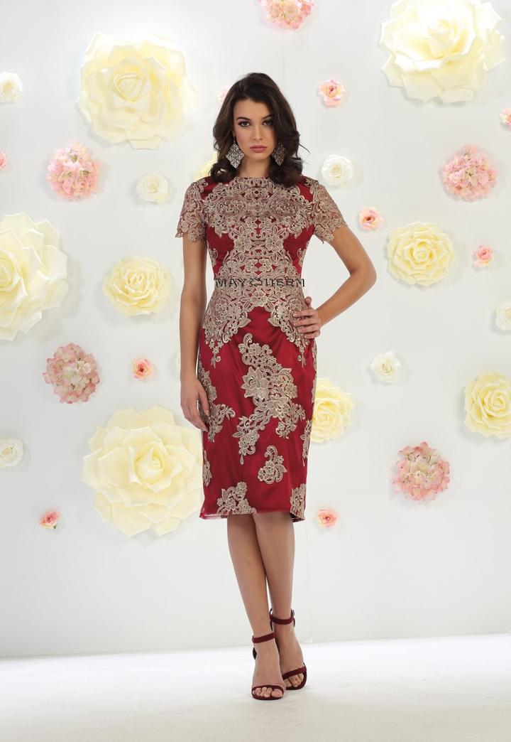 Sophisticated Embroidered Short Sleeve Bateau Neck Short Column Dress
