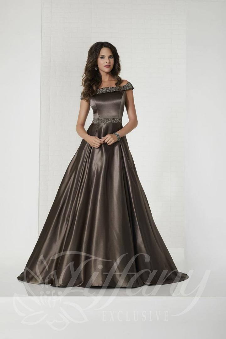 Tiffany Designs - 46115 Beaded Off-shoulder A-line Gown
