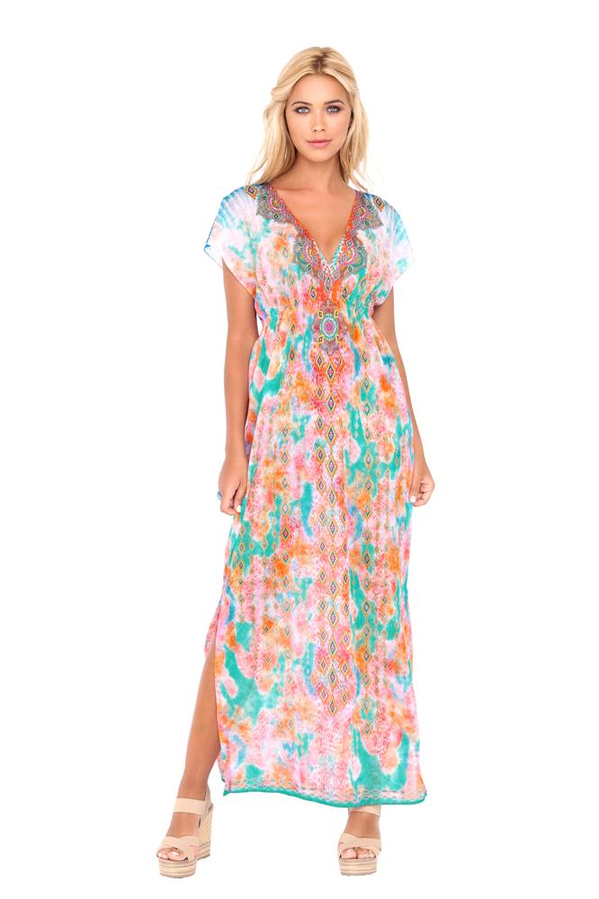 Luli Fama - Boho Chic Cap Sleeve Long Caftan In Multicolor (l444921)