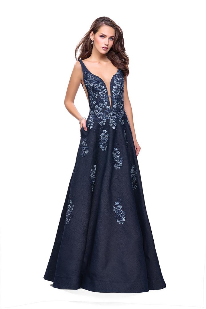 La Femme - 26265 Floral Applique A-line Gown With Open Sides