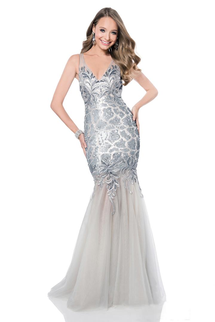 Terani Evening - 1611gl0495a Sequined V-neck Tulle Trumpet Dress