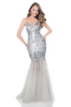 Terani Evening - 1611gl0495a Sequined V-neck Tulle Trumpet Dress